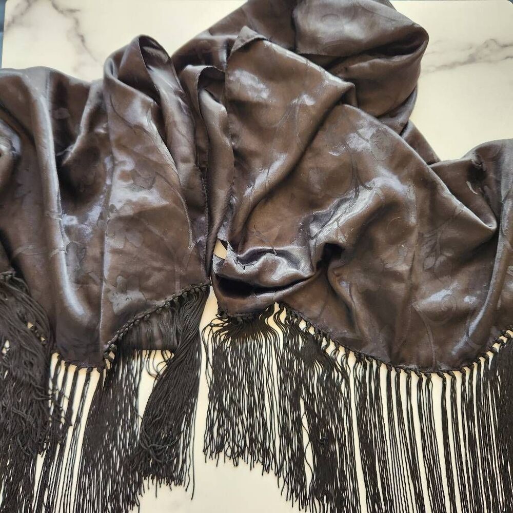 Collection XIIX black fringe shawl Mexican silky vintage extra long